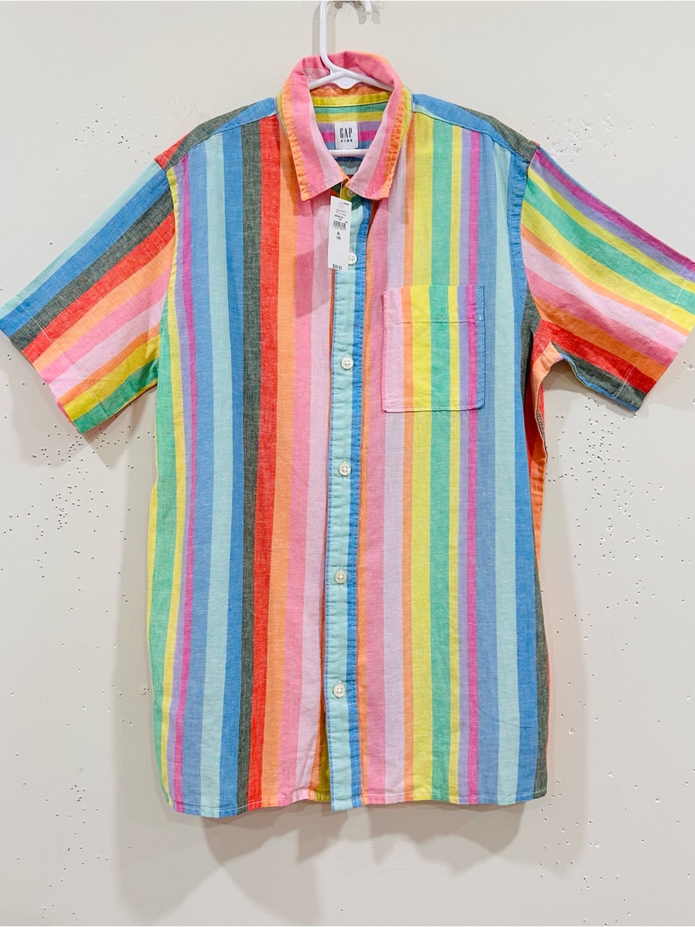 GAP Kids Boys Linen Cotton Short Sleeve Button Down Stripe Shirt Size XL 12 NWT